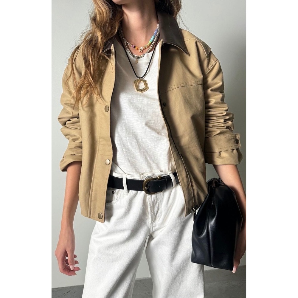 Anthropologie Pilcro Tan Utility Bomber Jacket Faux Leather Collar XS Petite NWT